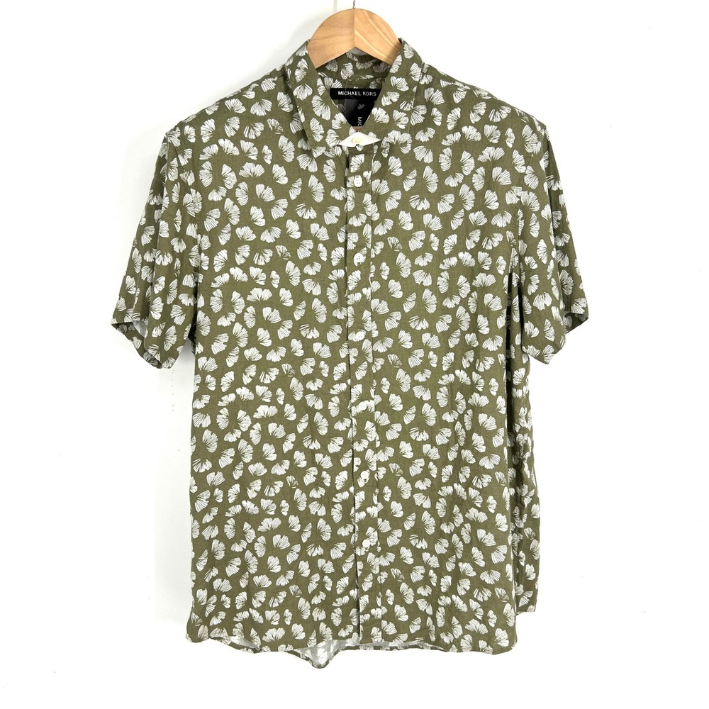 Michael Kors Mens Safari Green Ginkgo Print Linen Blend Shirt KS64004LB3 Size L